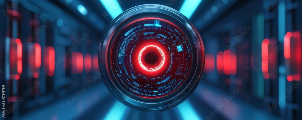Poster efficiency increase results automation concept. futuristic lens with glowing red and blue lights in 