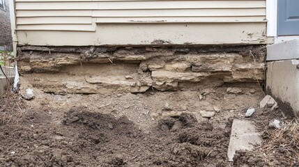 A foundation wall partially buried in soil, showcasing signs of repair requirements