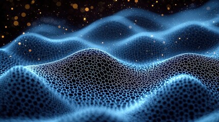 Abstract Visualization of Blue Waves with Hexagonal Patterns and Glowing Particles in Depth