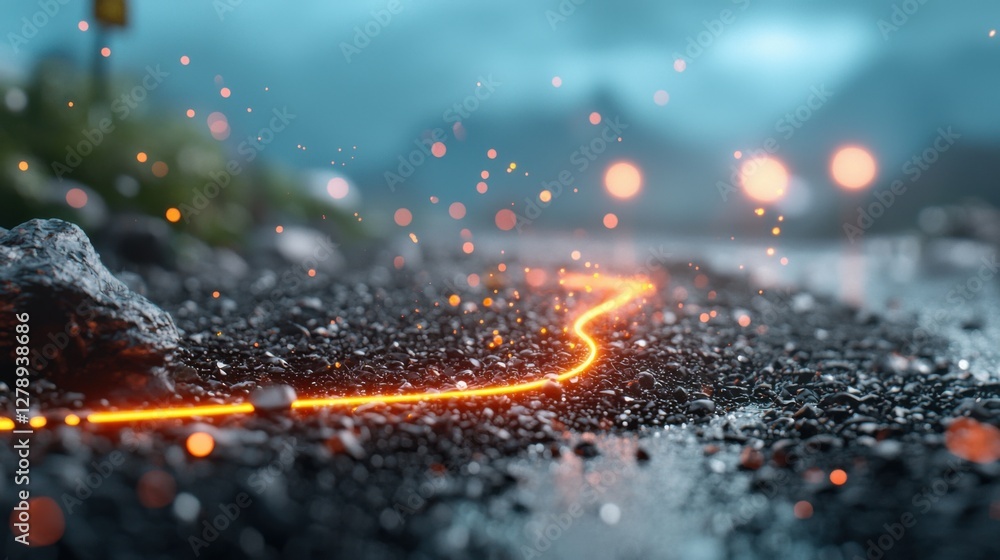 Poster glowing energy path formation leading towards a futuristic and abstract digital visualization. lumin