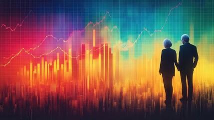 Elderly couple observing vibrant financial data visualization in a futuristic urban setting