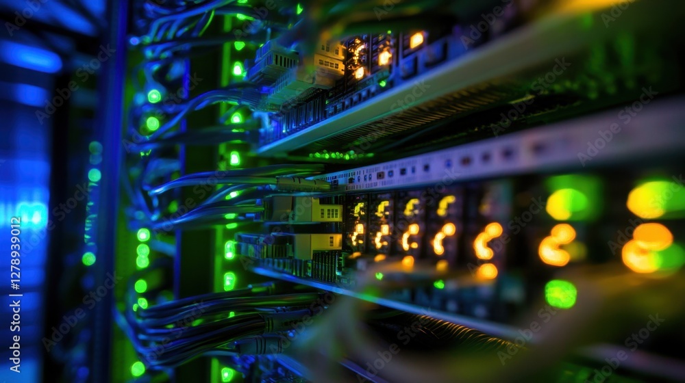 Aufkleber a futuristic data center with glowing servers and interconnecting network cables, emphasizing techno