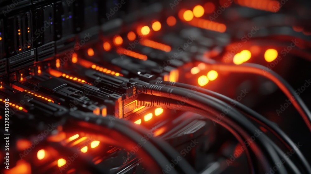 Aufkleber a futuristic data center with glowing servers and interconnecting network cables, emphasizing techno