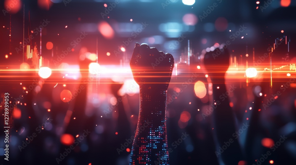 Poster a vibrant crowd with raised fists symbolizes unity and empowerment, highlighted by dynamic lighting 