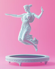 Surreal portrait of a Greek female marble statue joyfully jumping on a home mini trampoline or a rebounder. Creative concept of exercise, fitness, workout and being active. Minimal style, pastel pink