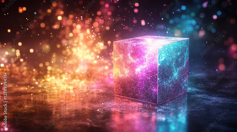 Sticker A futuristic glowing box with sparkles radiating in vibrant colors, symbolizing innovation and product excitement.