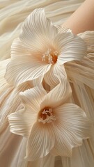 A close up of two white flowers with a silky fabric background