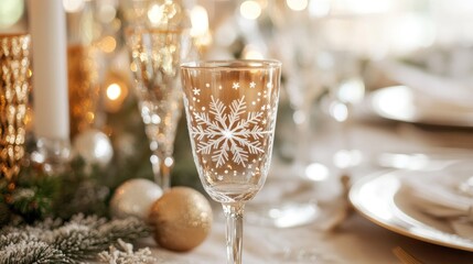 Elegant Christmas champagne flutes on a festive table setting.