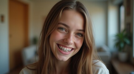 Happy Caucasian Teenager Smiling with Braces at Home