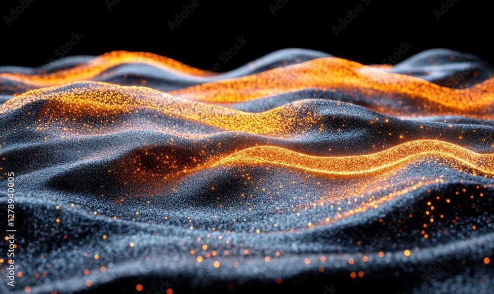 Poster glowing particle waves on a dark background, ideal for abstract visuals