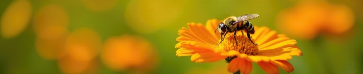 Hoverfly with fuzzy body resting on large bright orange wildflowers, pollinator, flowers