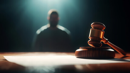 A dramatic courtroom scene featuring a gavel and a blurred figure, representing justice and the legal system.