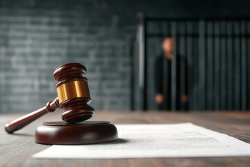 A gavel rests on a document with a prisoner visible in the background, symbolizing justice and law enforcement.