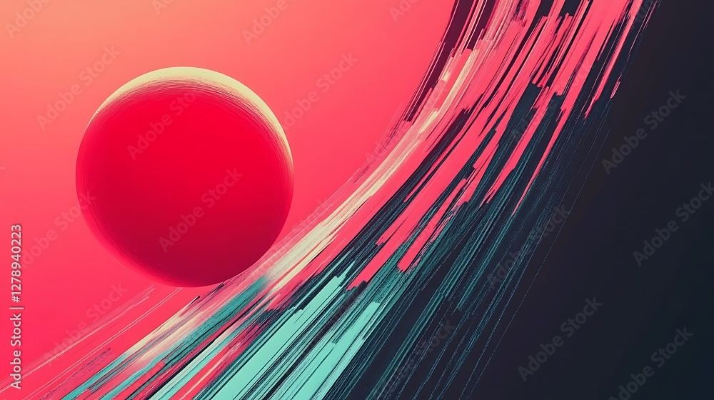 Poster a red sphere with diagonal streaks of color is depicted