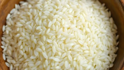 a wooden bowl filled with white rice on top of a table