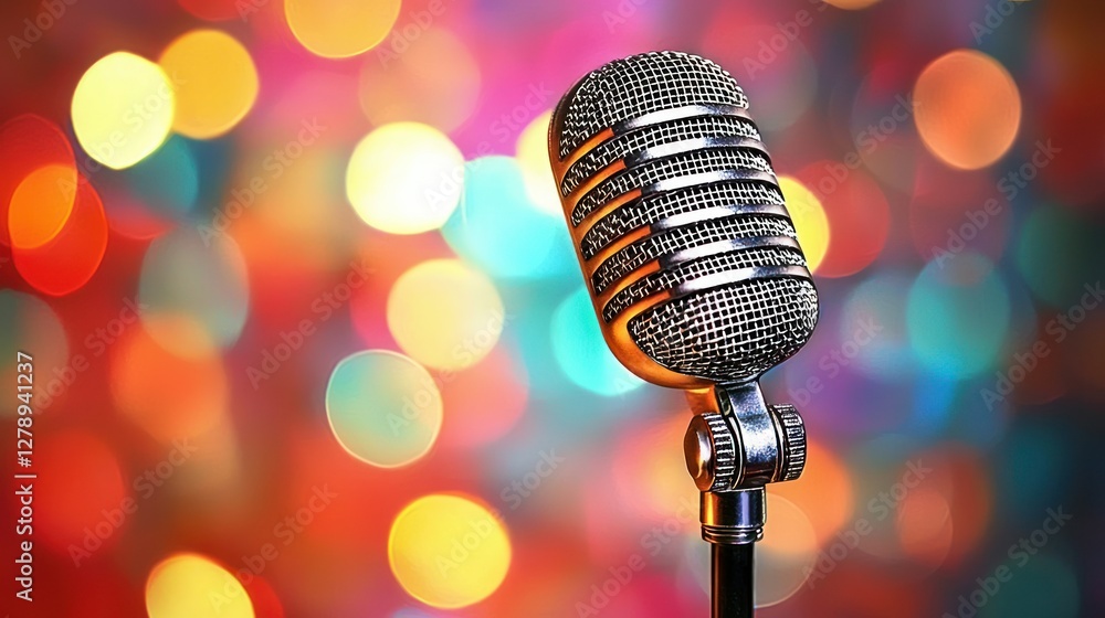 Poster a microphone against a blurred background with colorful bokeh lights. 