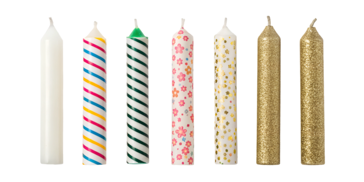 Six Different Birthday Candles on Transparent Background, Celebration, Colorful Candle Collection