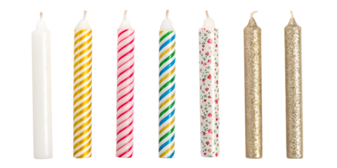 Six Different Birthday Candles on Transparent Background, Bright, Birthday Party Decorations