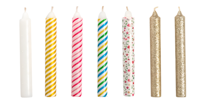 Six Different Birthday Candles on Transparent Background, Bright, Birthday Party Decorations