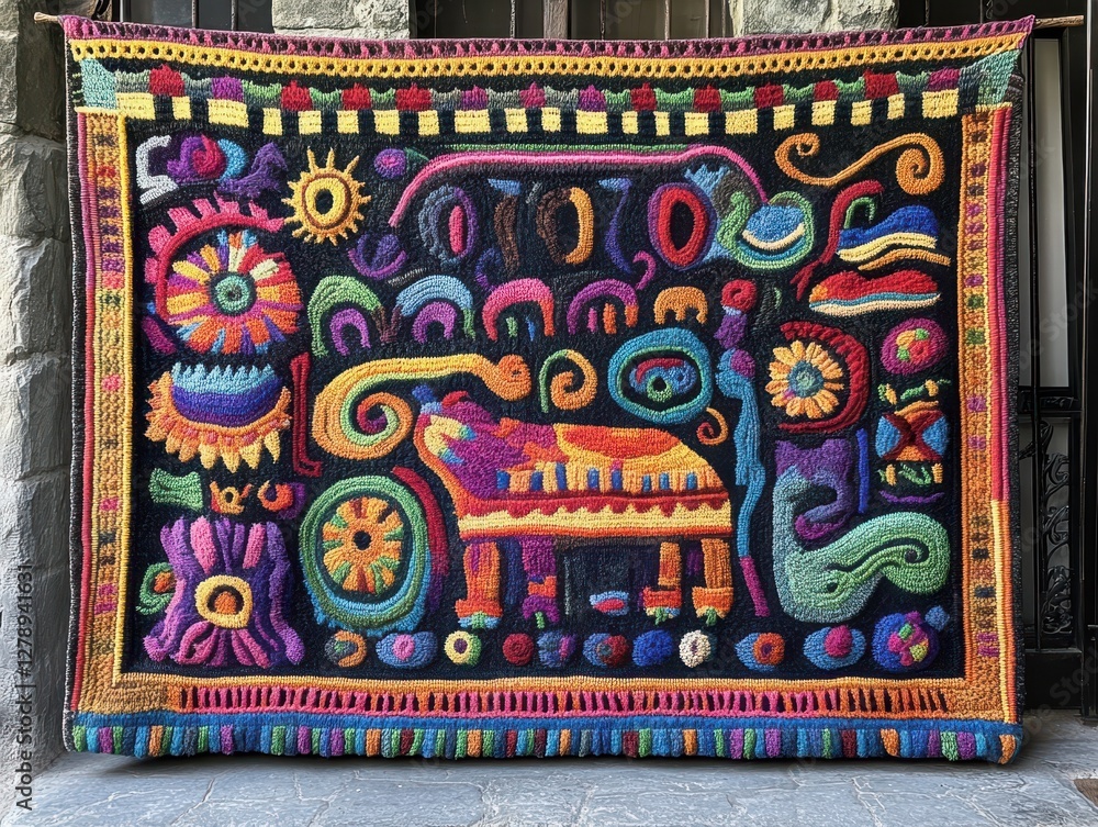 Poster vibrant textile artwork with abstract patterns and bright colors showcasing creativity in craftsmans