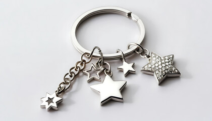 Simple white background. Shiny silver keychain with heart and star charms. Perfect gift for someone special. Metal chain connects charms to keyring. Stylish accessory.