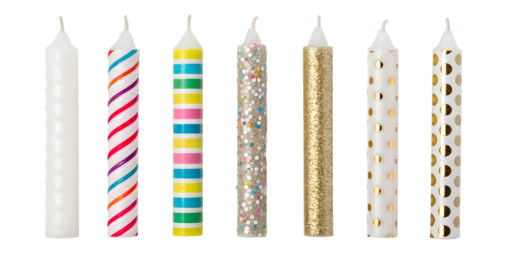 Six Different Birthday Candles on Transparent Background, Festive, Party Supplies