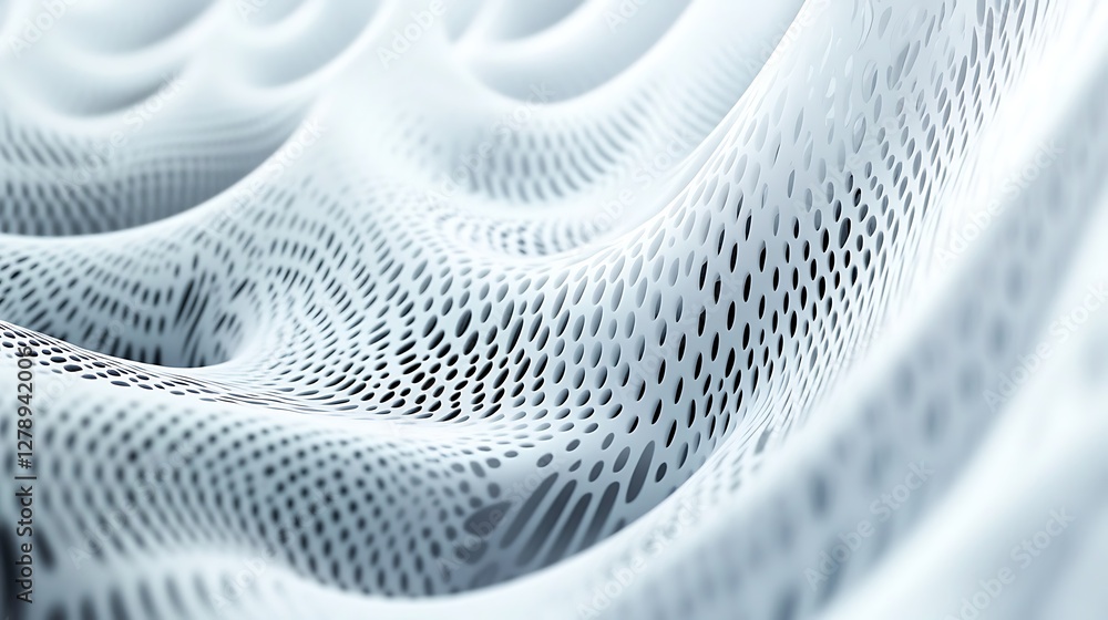 Poster a digitally created abstract image with white undulating surfaces and holes