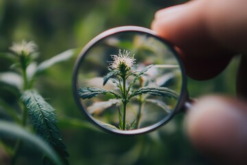 A close-up of a plant being studied under a magnifying glass during a botany class