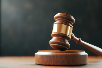 Obraz premium A close-up view of a wooden gavel, symbolizing justice and authority in the courtroom, set against a blurred dark background.