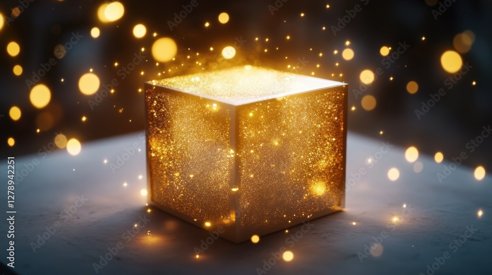 Poster a glowing box on a white surface with sparkles illuminating the surrounding area, capturing the joy 