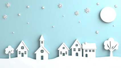 Minimalist winter village in paper-cut style. White houses, church, and snowflakes on a soft blue background. Full moon adds charm to the serene, elegant scene.