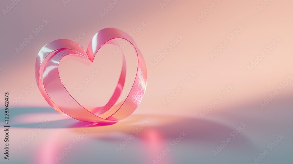 Poster a minimalist pink ribbon heart design with shadows on a plain white surface.