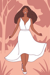 A beautiful woman with voluminous curly hair gracefully walks through a dreamy, warm-toned landscape. She wears a flowing white dress, embodying elegance, freedom, and confidence. 