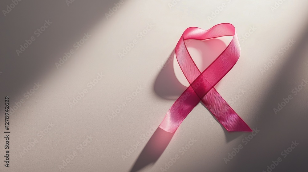 Poster a minimalist pink ribbon heart design with shadows on a plain white surface.