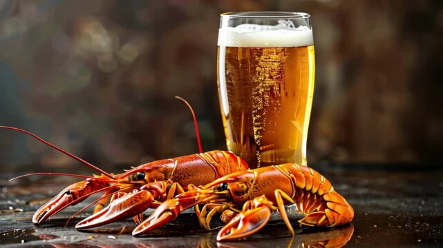 beer and crayfish on the table close-up