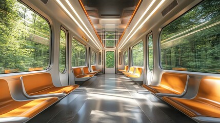 Modern train car interior with orange seats and large windows showing a green landscape.
