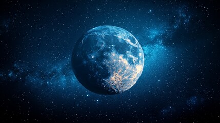 A vibrant blue exoplanet with visible landmasses, set against a backdrop of a nebula and distant stars in deep space.