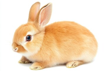 Obraz premium Cute fluffy rabbit with bright eyes sitting calmly against a clean, white background