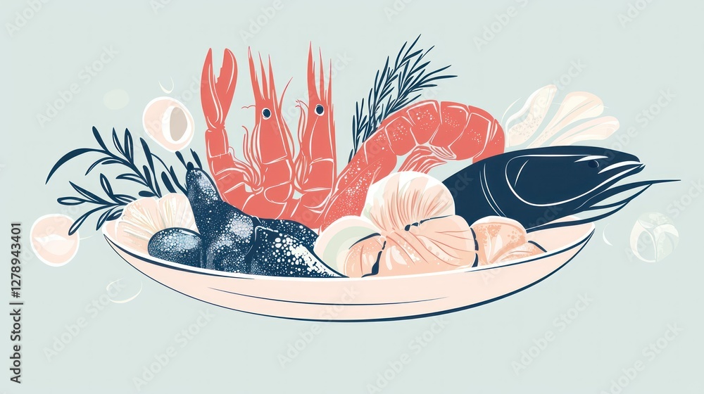 Poster a minimalist vector design of a seafood platter with elegant line art and soft pastel colors.