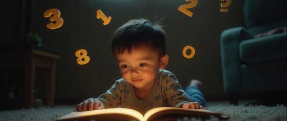 Curious Asian toddler reading glowing book with floating numbers at home