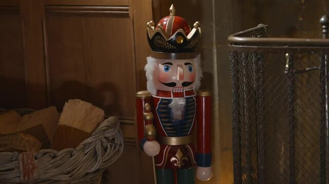 A nutcracker is standing in front of a fireplace. The nutcracker is wearing a crown and has a sword in his hand