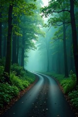 Fototapeta premium Misty forest road winding through dense foliage, trees, scenery, forest