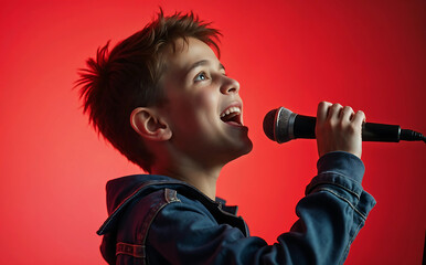 Enthusiastic Young Boy Singing into a Microphone on a Vibrant Red Background
