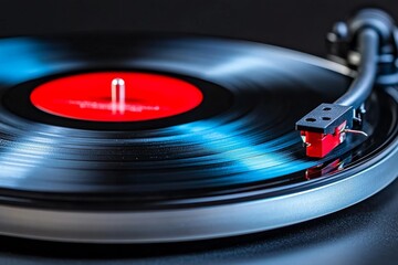 Classic turntable playing vinyl record with red label