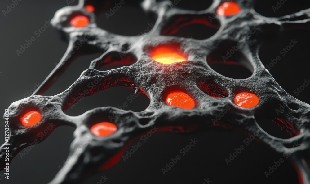 Poster glowing red nodes on dark abstract structure, science background