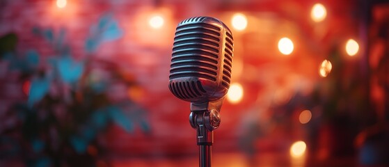 Microphone with bokeh light background, stand up comedy show, karaoke or singing contest, background for poster design, open mic and jokes show