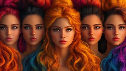Obraz premium Five Individuals with Vibrant Hairstyles in Orange, Pink, and Blue Showcasing Textures