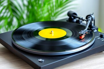 Classic turntable playing vinyl record with red label