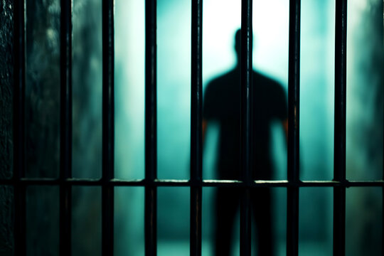 Dark prison cell with a shadowy figure behind bars, symbolizing life imprisonment for a criminal
