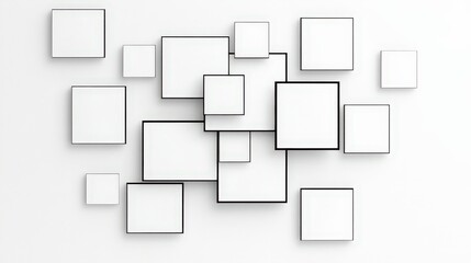 Abstract blank frames arrangement on a plain white wall for modern decor and design inspiration